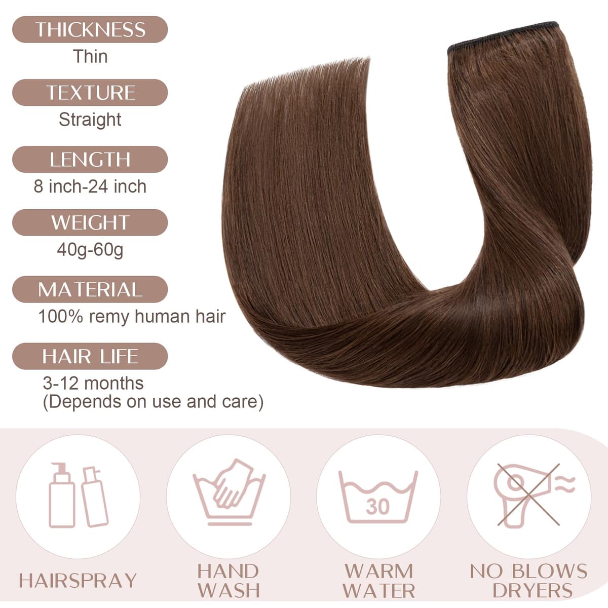 8"(20cm) SEGO Extensiones de Clip de Pelo Natural [#4 Marrón Medio] Cabello Humano 100% Remy Una Pieza Lisa Postizos Pelucas Human Hair (40g) — view 5