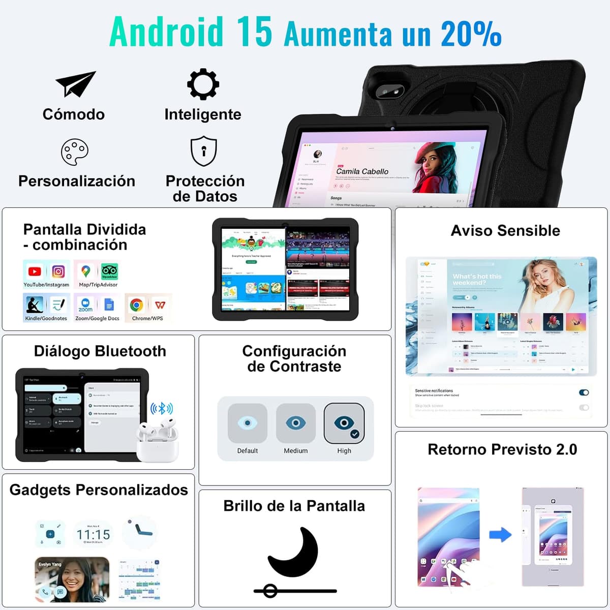 Tablet Niños 10 Pulgadas Android con 30GB RAM+TF 2TB, Octa-Core 2.0Ghz/GMS,Widevine L1,Gemini AI/Bluetooth 5.0,Juegos Educativos,5MP+8MP/1280*800,Tablet Android 15 con Funda EVA+360° Giratorio, Negro — view 2