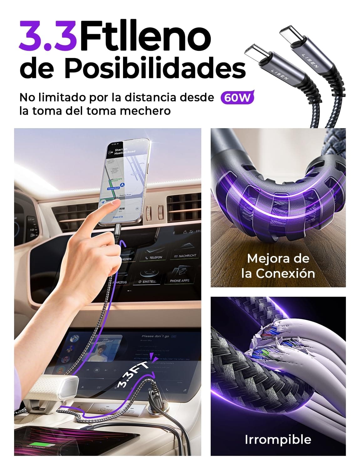 LISEN Cargador Coche Carga Rápida Mechero USB C 69W+60W Cable, Accesorios Coche Camper Electrónicos Flash del Dia, Carregador Isqueiro Carro 12/24V Gadgets para iPhone 17 e 16 Samsung S26 Kindle iPad — view 5