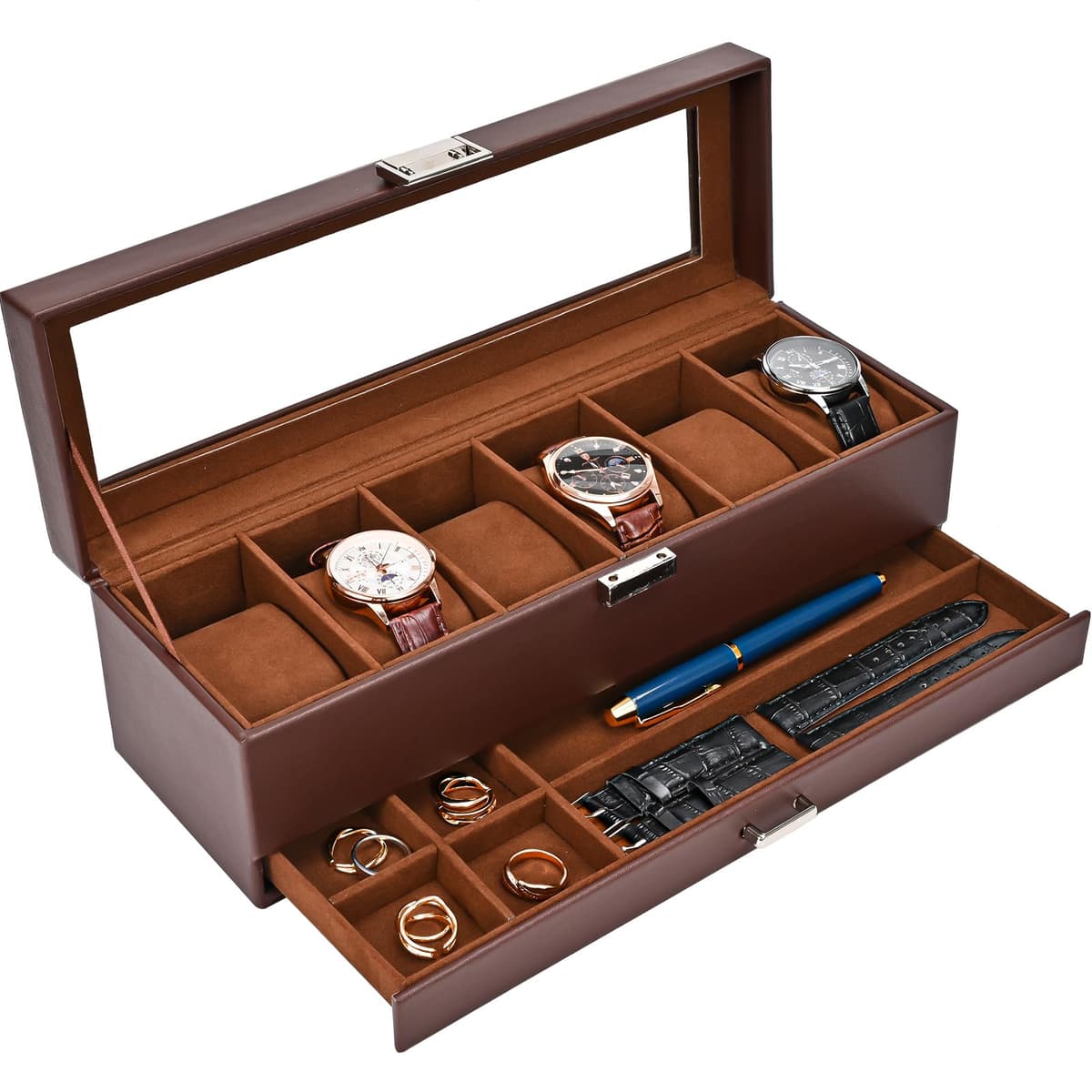 ProCase Caja de Relojes de 6 Ranuras con Cajón, Funda Organizadora de Reloj de 2 capas con Tapa de Cristal, Estuche de Almacenamiento para Hombres y Mujeres -Negro — view 15