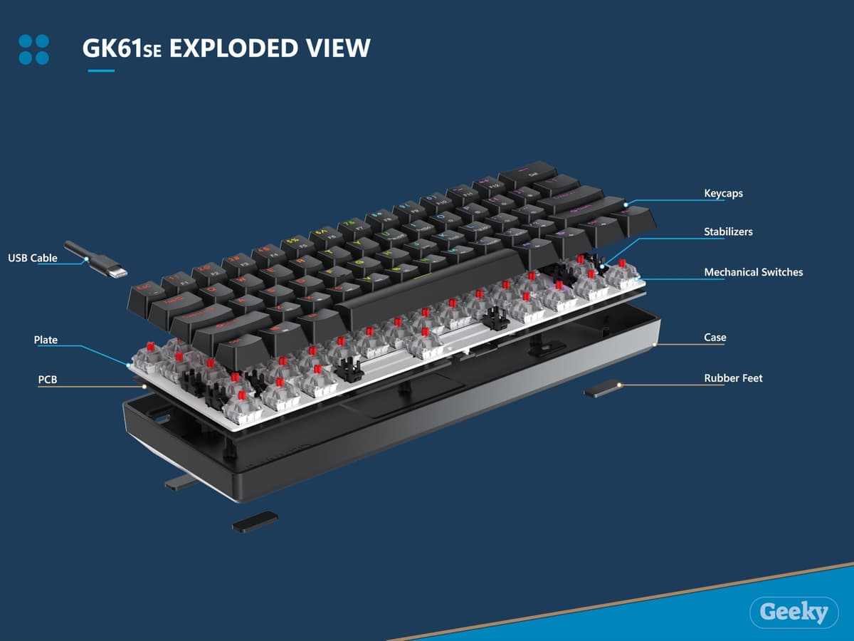 Geeky GK61 SE 60% | Mechanical Gaming Keyboard | 61 Keys Multi Color RGB LED Backlit for PC/Mac Gamer | ANSI US American Layout (Black, Mechanical Speed Silver) — view 3