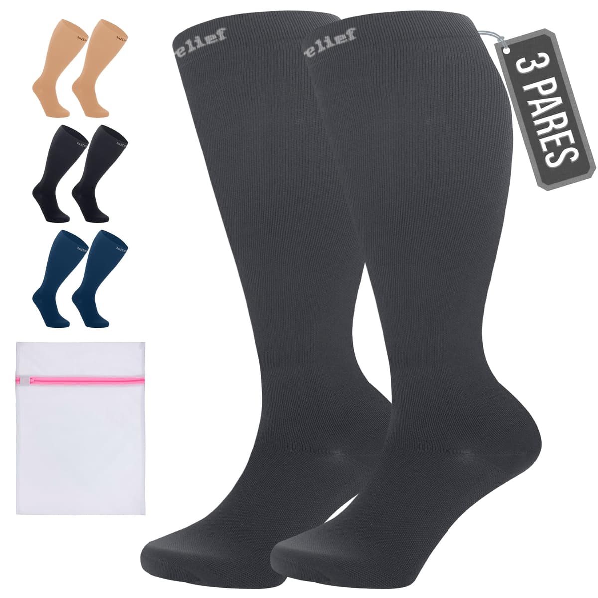 360 Relief Medias de Compresión Mujer y Hombre - 1 Par Calcetines de Compresión para Deportes, Correr, Volar, Viaje, Trabajo, Footing - S/M Beis con Bolsa de Malla — view 82