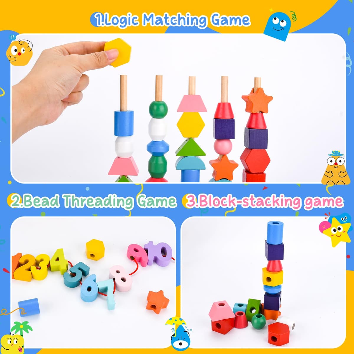 Wooden Montessori Toys Educational Games,4 in 1 Montessori Stacking and Threading Wooden Games,Educational Games Children 2 3 4 Years,Gifts for Boys Girls 1 2 3 Years Old — view 4