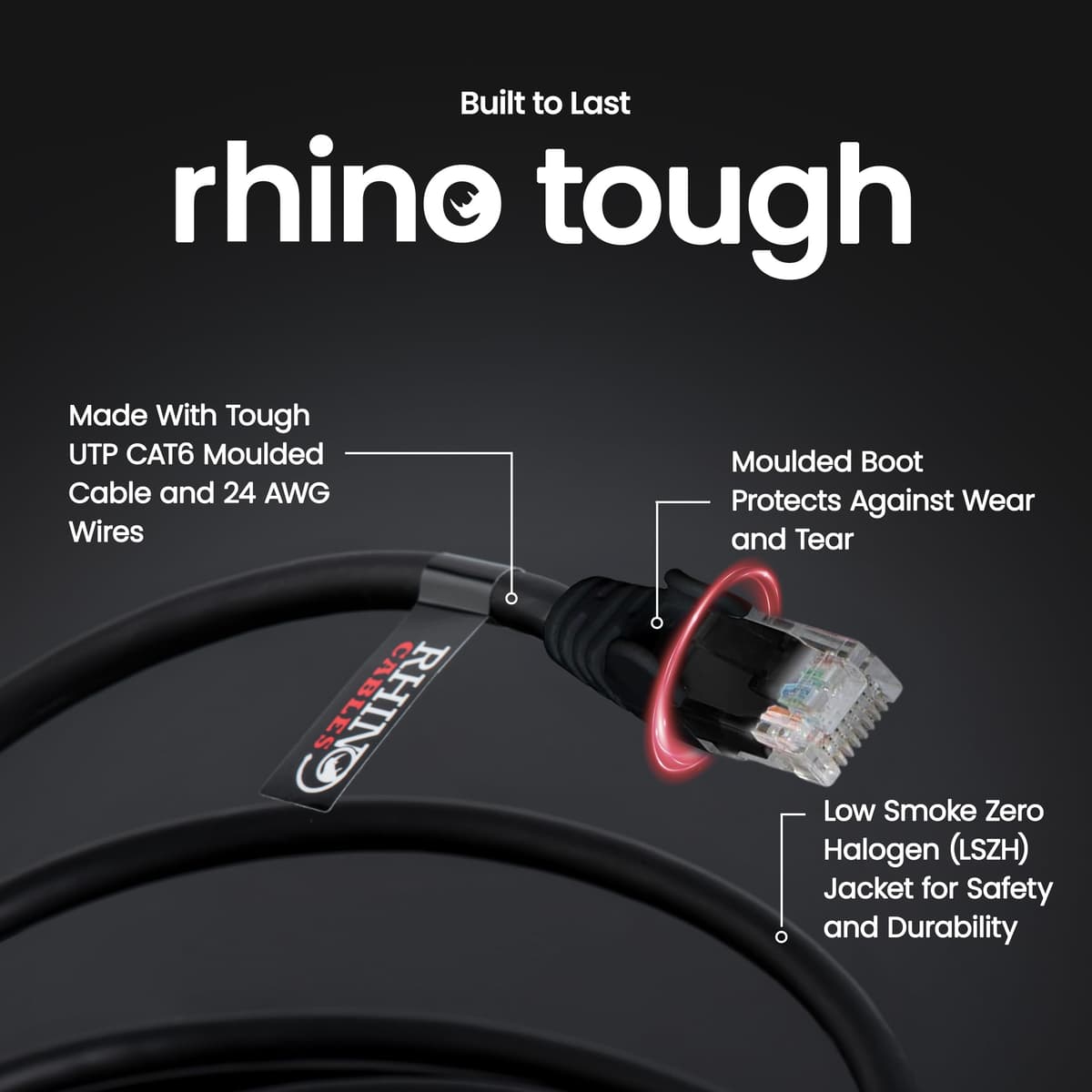 rhinocables CAT 6 High-Speed Gigabit Ethernet Cable - Patch Network Lead for LAN| Snagless UTP With LSZH Jacket | RJ45 Connector - Internet, Router, Modem, Smart TV, PC & More (5m, Black, Pack of 1) — view 4