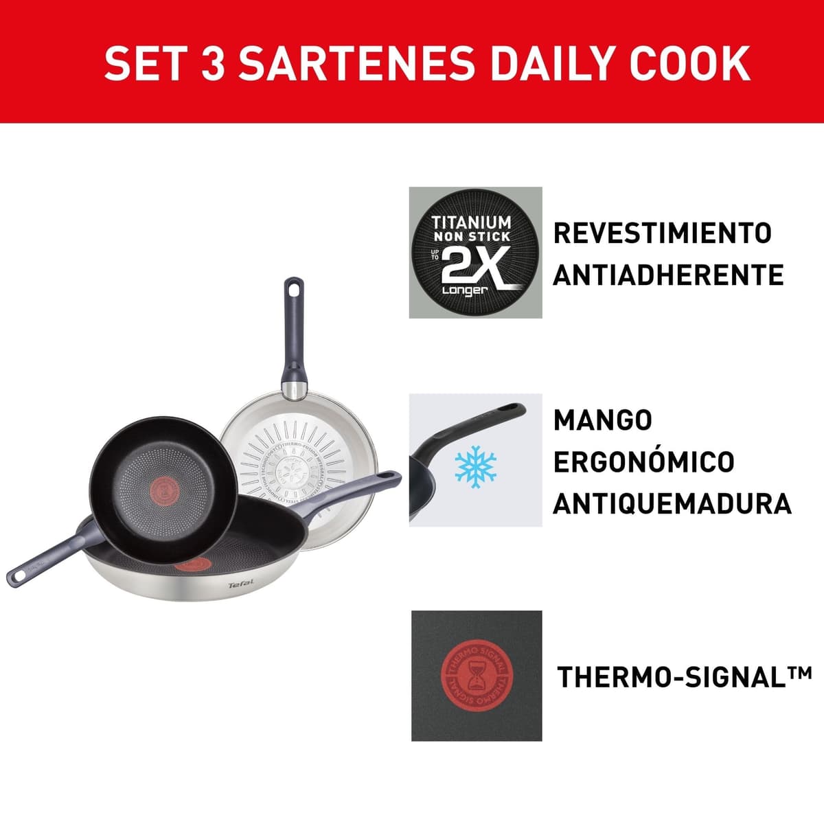 Tefal Daily Cook - Juego de Sartenes de 20/24/26 cm, Apto inducción, antiadherente, revestimiento titanio, Thermo-signal, apto lavavajillas y horno, acero inoxidable — view 3