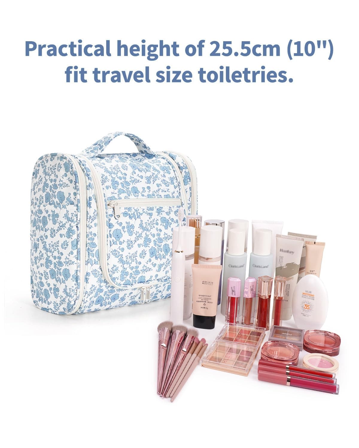 Narwey Hanging Toiletry Bag for Women Travel Makeup Bag Organizer Toiletries Bag for Cosmetics Essentials Accessories (Large, Little Blue Flower) — view 4