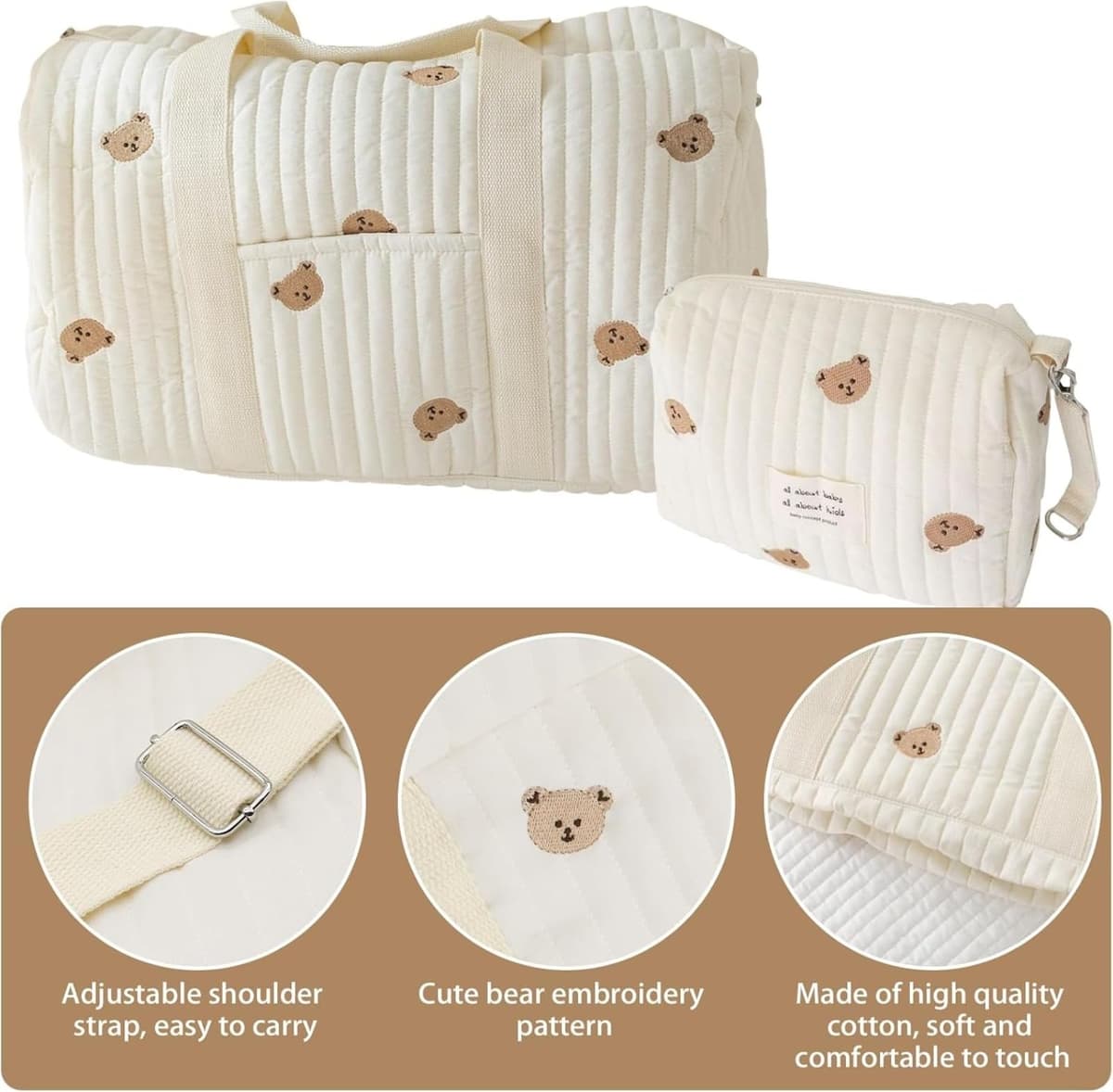 Bolso Parto Hospital Mamá Grande, Bolso Cochecito Set de 2 Piezas, Bebé Cambio, Mommy Bag, Hombro de Algodón con Bordado, Impresión Linda Portátil Universal, A., 1 unidad — view 5