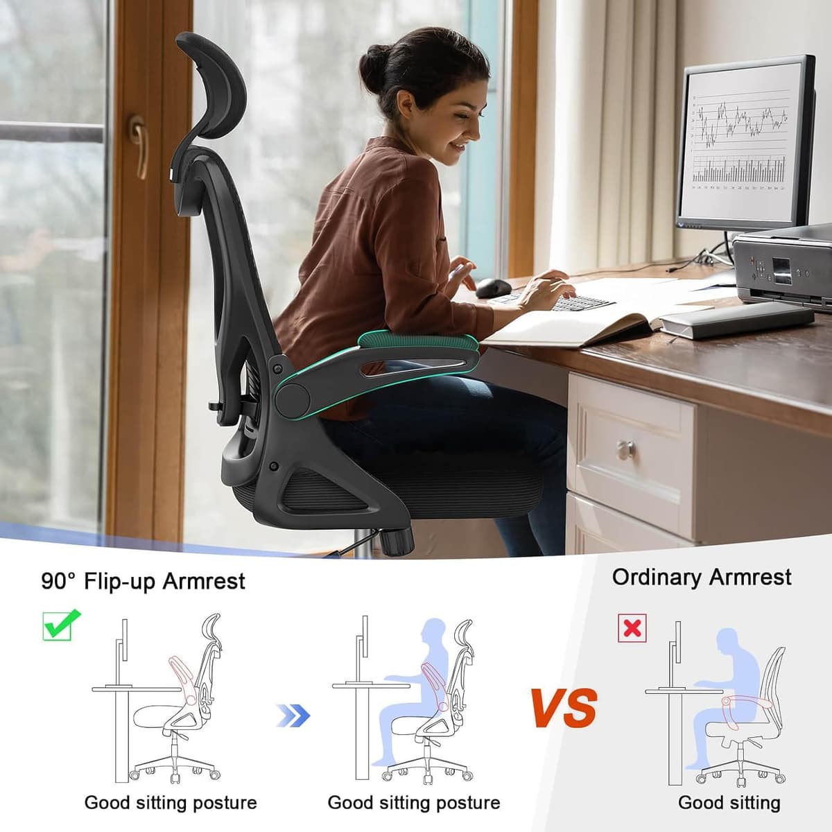 Office Chair - Ergonomic Desk Chair with Lumbar Support Headrest Adjustable, Padded Flip-up Armrests Comfy Seat Cushion High Back Executive Manager Chair For Home Office — view 4
