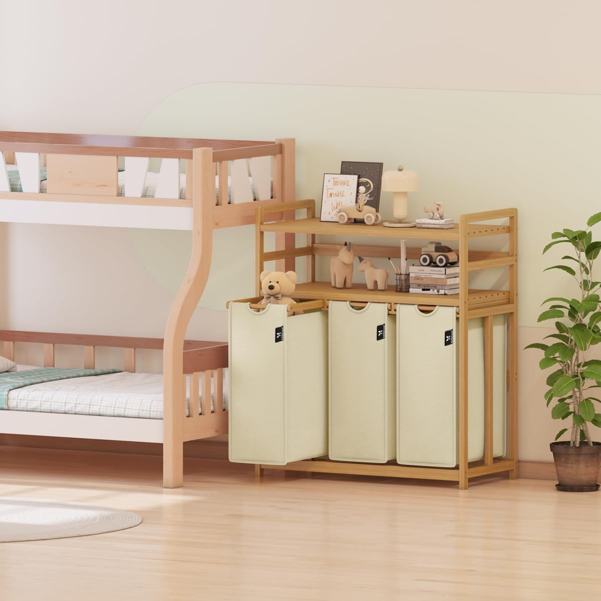 AdelDream Cesto para la colada 150 L 3 compartimentos 2 estantes extraíble y extraíble cremefarben — view 7