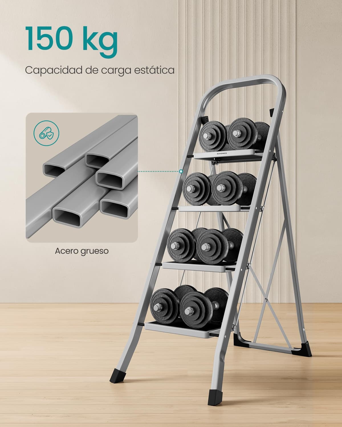 SONGMICS Escalera de Tijera, Escalera con 4 Peldaños, Peldaño Plegable, Bloqueo de Seguridad, Fácil de Guardar, Carga hasta 150 kg, Gris Paloma GSL004G01 — view 4