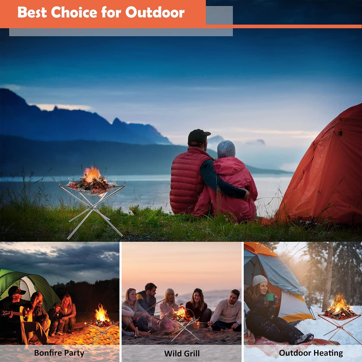 Portable Fire Pit for Camping, Outdoor Folding Firepit Fireplace with Heat Resistant Gloves & Carrying Bag, Stainless Steel Mesh BBQ Fire Bowl for Picnics, Bonfire, Patio, Backyard and Garden — view 7