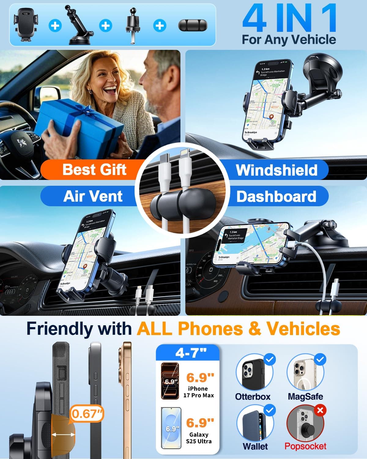 YRU [True Military-Grade & 360° Rotatable Suction 2026 Ultimate Car Phone Holder Mount【90+LBS Safest Strongest & Patent Certs】 Dashboard Windscreen Vent for iPhone 17 16 Pro Max Samsung, Pure Black — view 6