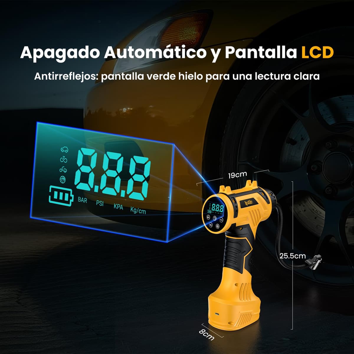 Ipflin Inflador Ruedas Coche 150PSI - 22L/min Compresor Aire Portátil Recargable, Inflador Eléctrico Inalámbrico con Pantalla Digital y Luz LED, 4 Modos Preestablecidos para Coche/Bicicleta/Moto/Balón — view 4