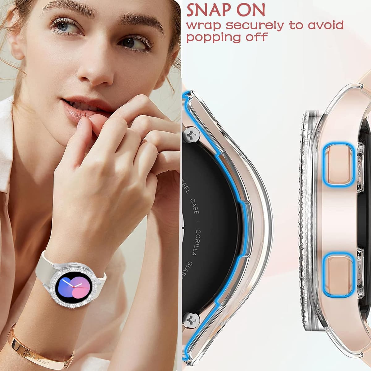DEALELE [2-PACK] Case Compatible with Samsung Galaxy Watch FE / 5/4 40mm, Bling Double-row Diamond PC Protective Case Protector Cover, 40mm, Silver + Transparent — view 5