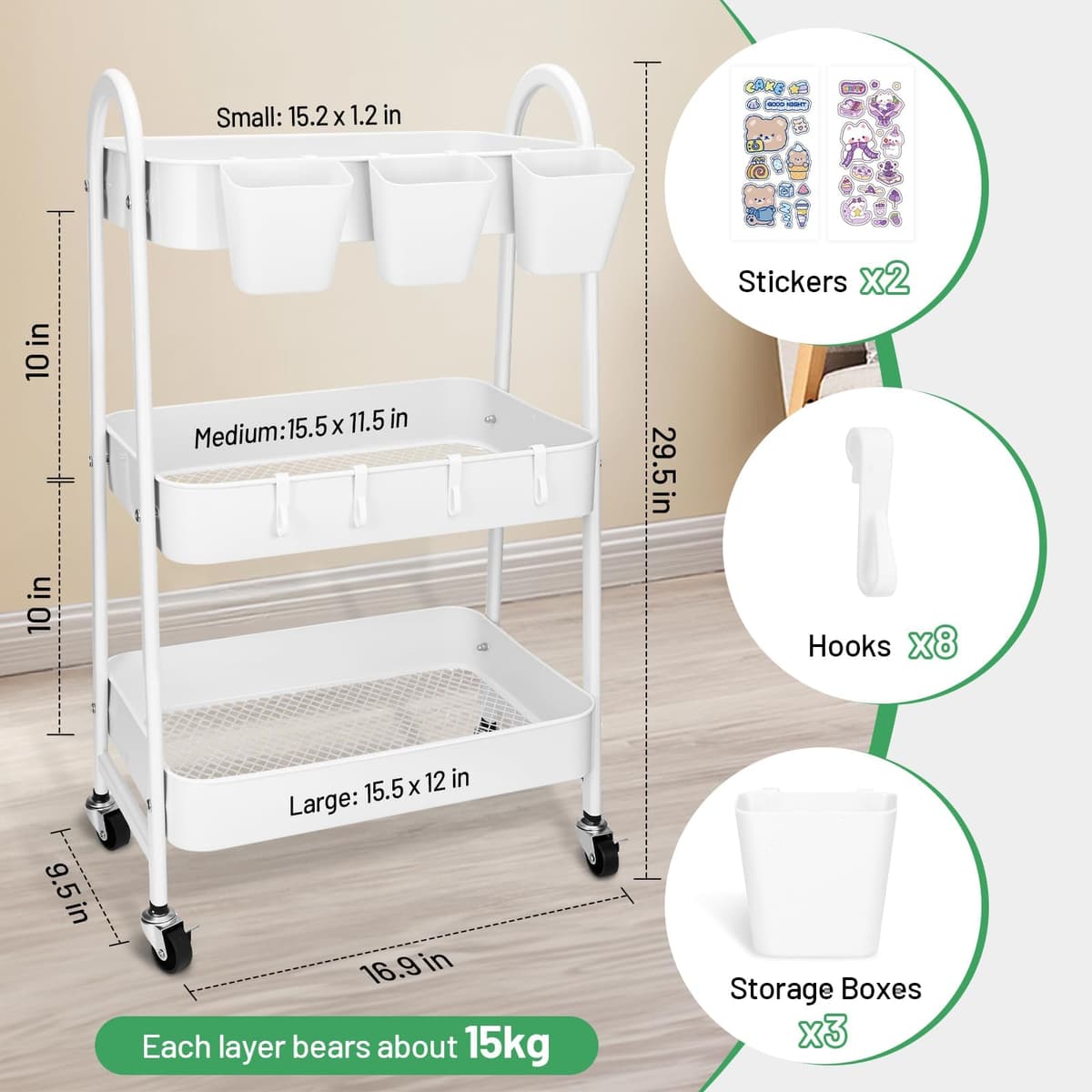 JOYBOY Carrito Auxiliar con Ruedas,Carrito de Cocina,Carro Rodante con Ruedas Bloqueables,Ganchos para Colgar Tazas,Marco de Acero,Carro Servicio 3 Niveles,con Lindas Pegatinas,Blanco — view 4
