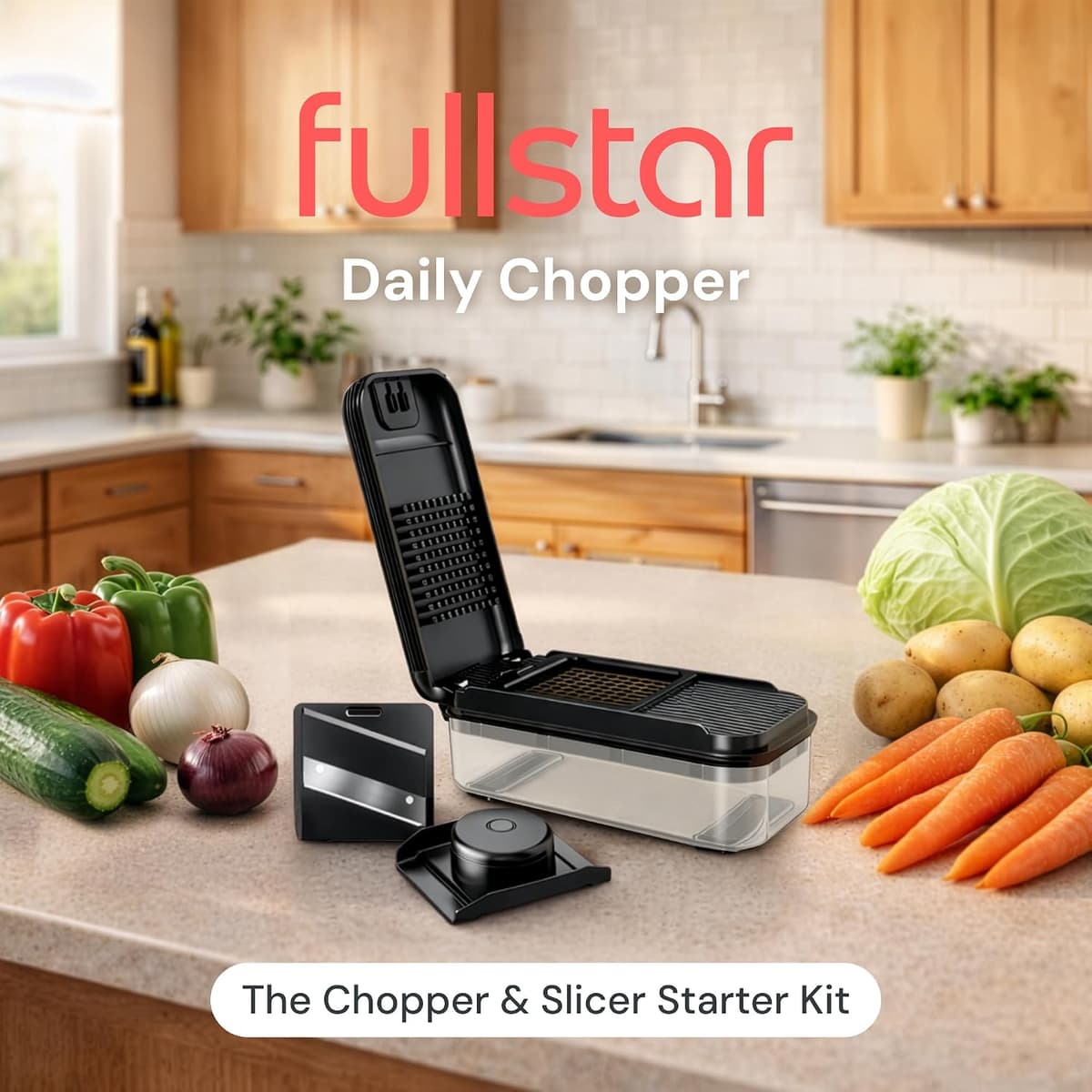 Fullstar Daily Vegetable Chopper and Mandoline Slicer - Kitchen Gadgets - Food Chopper with Container, Veggie Chopper, Fruit Cutter, Onion Dicer, Potato and Tomato Slicer for Salads (2-in-1, Black) Matte Black 2-in-1
