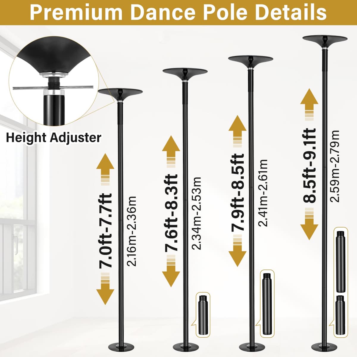 Genérico Barra de Pole Dance, 45 mm de diámetro, Altura Ajustable de 216 a 279 cm, portátil y Desmontable con función estática y-giratoria, Capacidad de Carga de 150 kg, Dorada — view 2