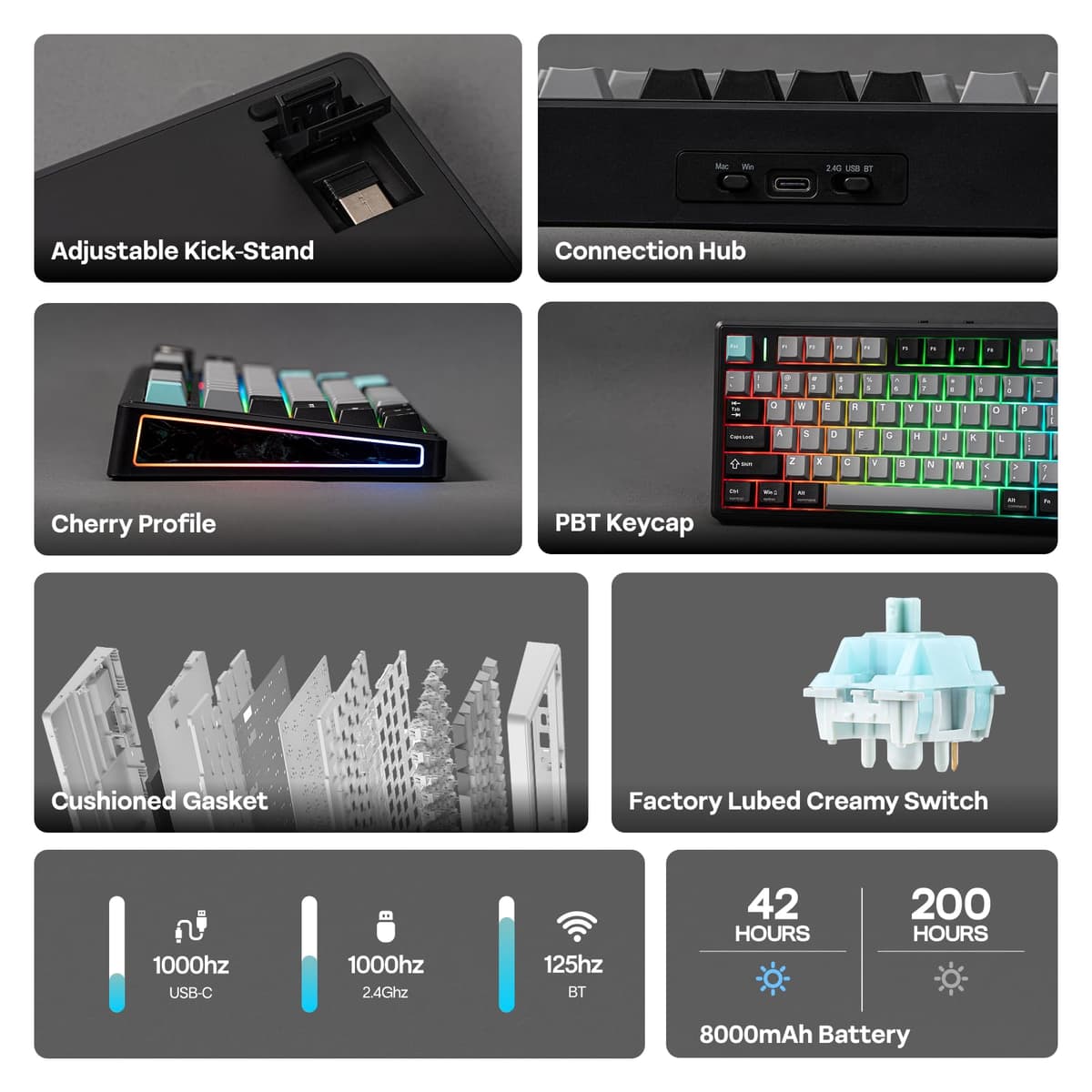 EPOMAKER TH80 V2 75% Kabellose Mechanische Gaming-Tastatur, 8000mAh&2,4G/BT, Hot-Swap, Mac Modifier, RGB, Programmierbare Tasten & Knopf, Creamy Tastatur für Mac/PC (Schwarz, Creamy Jade) — view 3