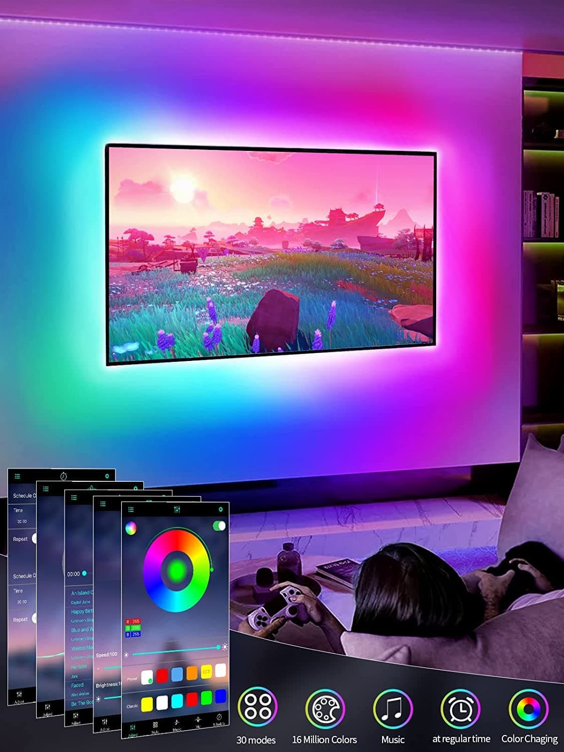 GIPOYENT TV Light Strip, 5M TV Backlight, for 45-75 Inch TV, Music Sync LED TV Light with Bluetooth Function - RGB Color Changing Light Strip for Home Theater (16.4ft) — view 3