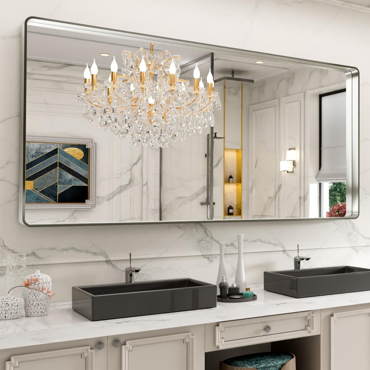 LOAAO 48”X36” Gold Bathroom Mirror, Rounded Rectangle Gold Frame Mirror, Brushed Gold Bathroom Vanity Mirror Wall-Mounted, Anti-Rust, Tempered Glass, Hangs Horizontally or Vertically — view 20