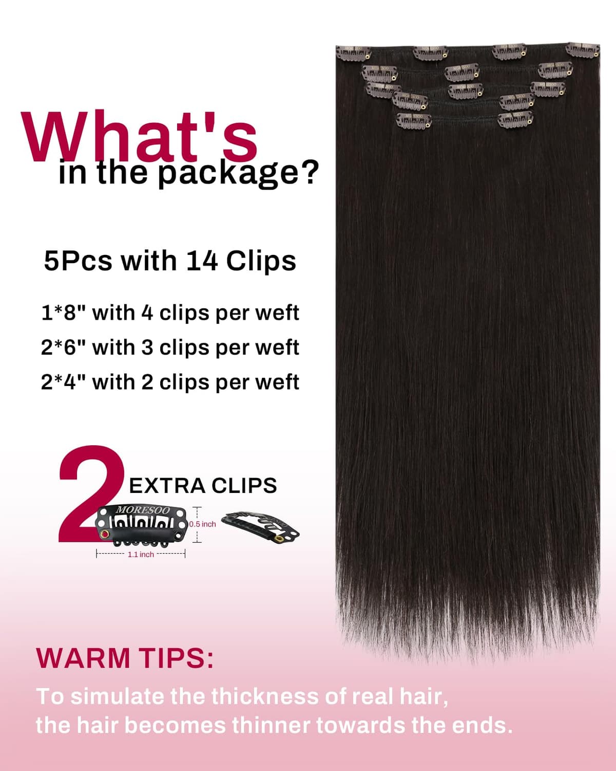 Moresoo Hair Extensions Clip in Real Hair Dark Brown Invisible Full Head Clip in Human Hair Extensions Brunette Shoulder-length Short Remy Hair 12 Inch 5 Pieces/80g #2 — view 3