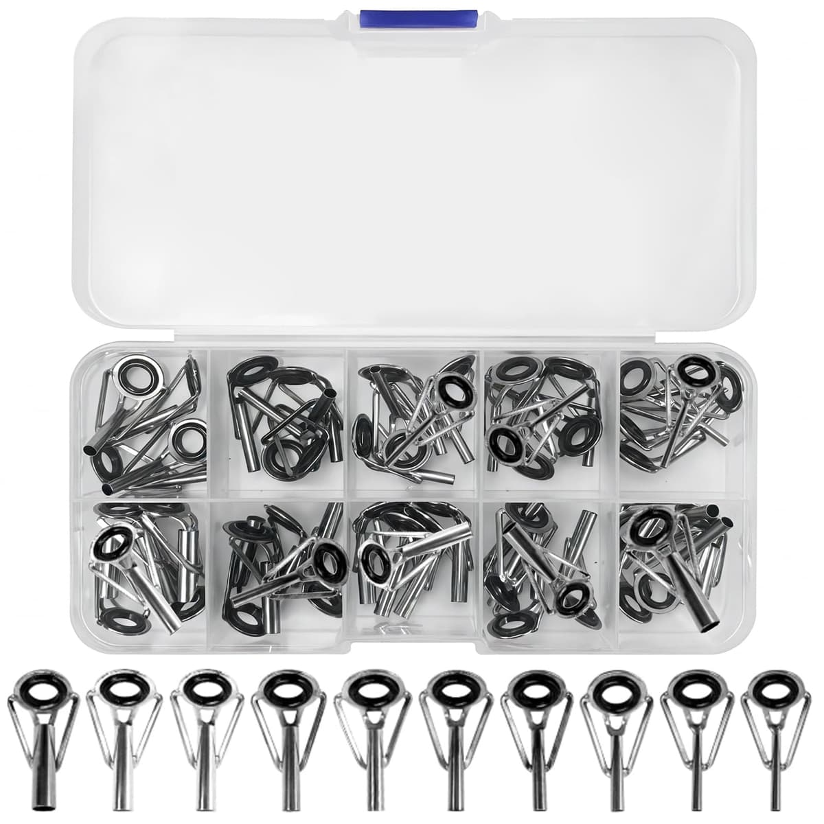 XINFAQAQ 50 Piezas Kit de Reparación de Punta de Caña de Pescar, 1,6-3,8mm Anillo de Punta de Caña de Pescar con Anillo de Cerámica 10 Tamaños para Pesca en Agua Salada y Dulce