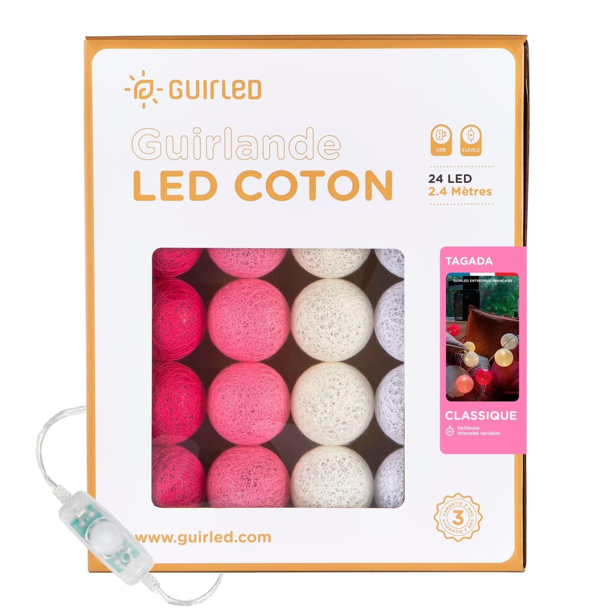 GuirLED - Guirnalda luminosa bolas de algodón LED USB- Luz de noche para bebé 2h - Adaptador de corriente dual USB 2A incluido - 3 intensidades - 16 bolas 1,6m - Byzantin — view 22