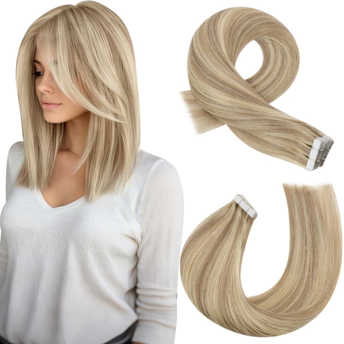 Moresoo Tape in Human Hair Extensions 20 Inch Highlight 50g/20pcs Tape in Hair Extensions Human Hair Ash Blonde with Platinum Blonde #P18/613 — view 75