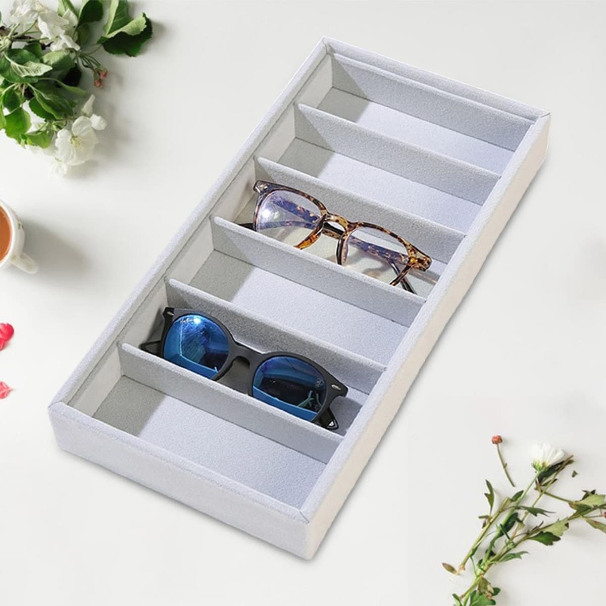 TISHITA Bandeja para Gafas Organizador de Gafas de Sol, Caja de Almacenaje de Lentes Soporte para Joyas Material Suave Resistente para Regalar Uso en Tocador, Bandeja de Almacenamiento, Gris — view 4