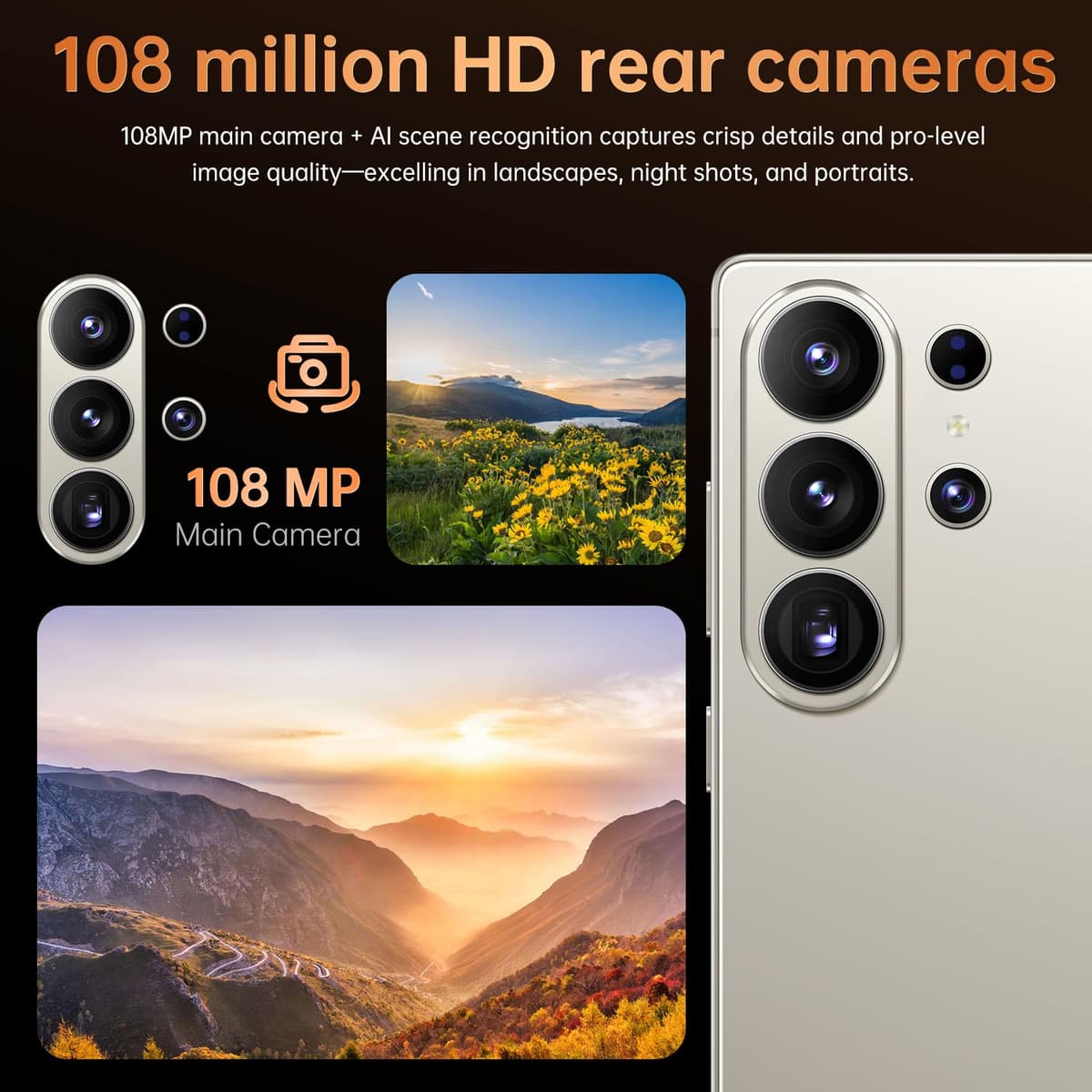 S26 Ultra Unlocked Smartphone, 7.3” 4K ULTRAHD Perforated Display, Snapdragon 8 Gen 4, 108MP+78MP Camera, 12GB+512GB, 8000mAh Battery, Built-in Pen, Dual SIM 5G (Orange) — view 2