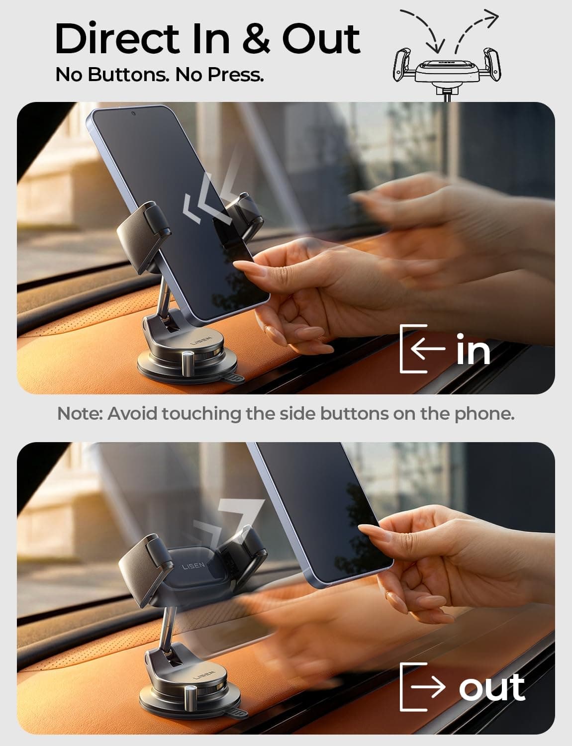 LISEN in Car Phone Holder [2026 Industry-First] Suction Phone Holder for Cars Dashboard/Windscreen Mobile Car Phone Mount for iPhone 17 16 Pro Max Samsung S26 All Gadgets Car Accessories for Men Women — view 5