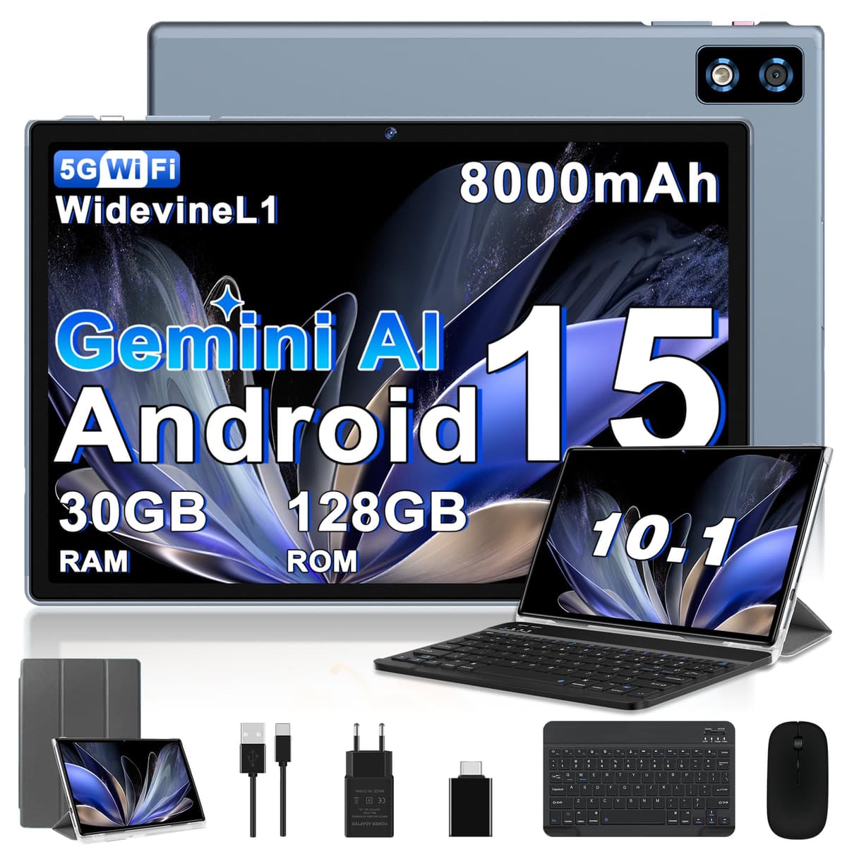 2026 último Tablet 10 Pulgadas Android 15 con Gemini AI, 30GB RAM + 128GB ROM, Octa-Core 2.0GHZ, 8000mAh, GMS, Widevine L1, GPS, OTG,5G WiFi 6 & BT 5.0,Tablet Teclado y Raton-Gris