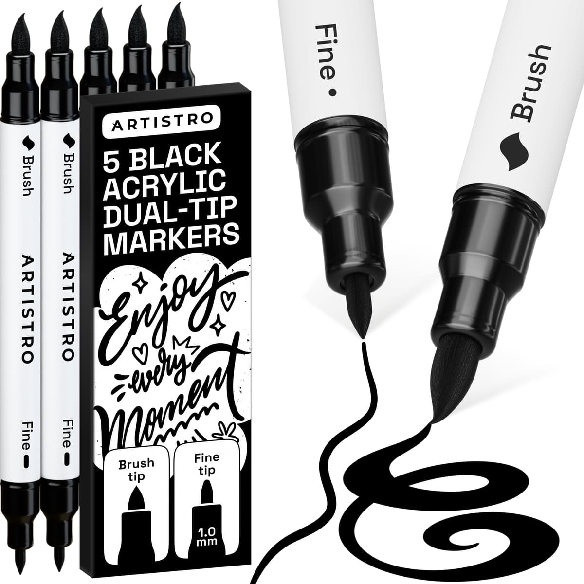 ARTISTRO 5 Black Acrylic Paint Pens – Dual Tip (Brush & Fine) Markers for Fabric, Canvas, Rock, Glass, Wood – Calligraphy, Scrapbook Supplies DIY & Gift for Kids, Teens - Art Set