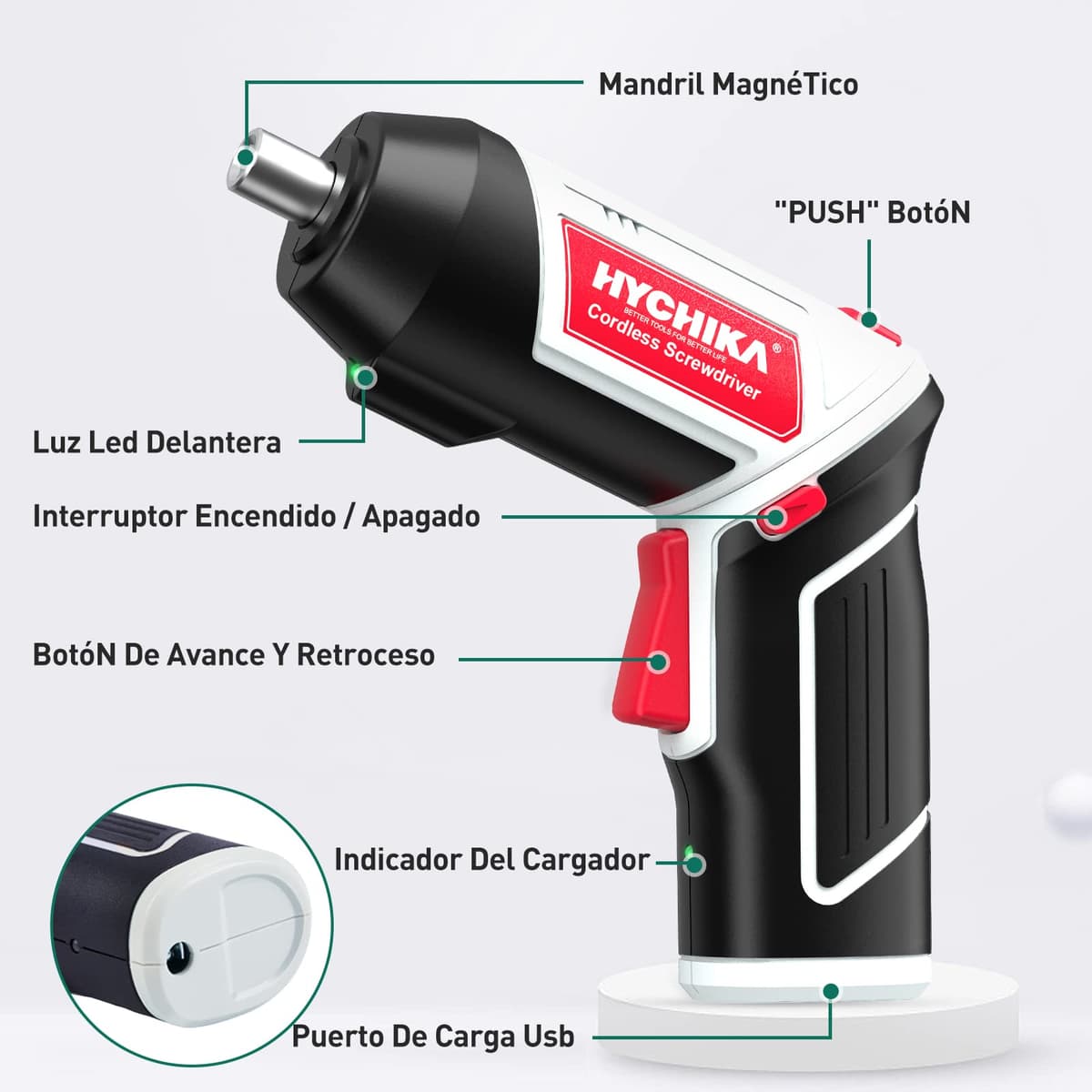 Destornillador Eléctrico, HYCHIKA 6Nm Bateria 3.6V 2,0 Ah, LED Luz, Carga Cable USB, 20 Accesorios, Para Reparaciones en El Hogar — view 2