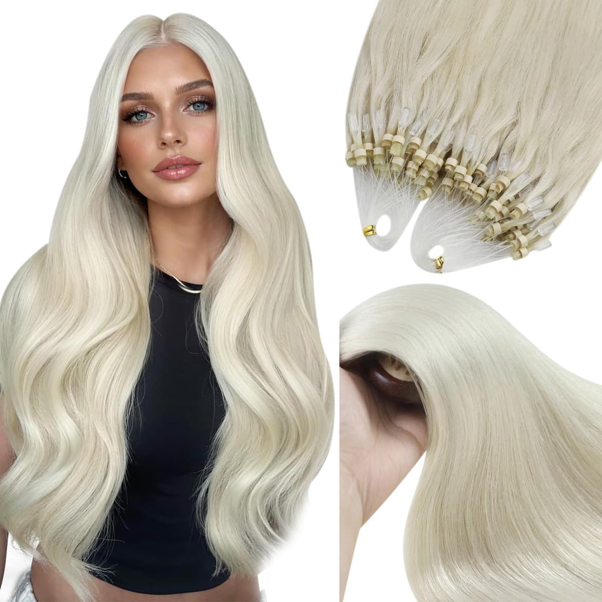YoungSee Nano Hair Extensions Blonde 16inch Nano Beads Hair Extensions Warm Ash Blonde Highlight Bleach Blonde Nano Ring Hair Extension Highlight for School Soft Cold Fusion 50s 50g — view 29