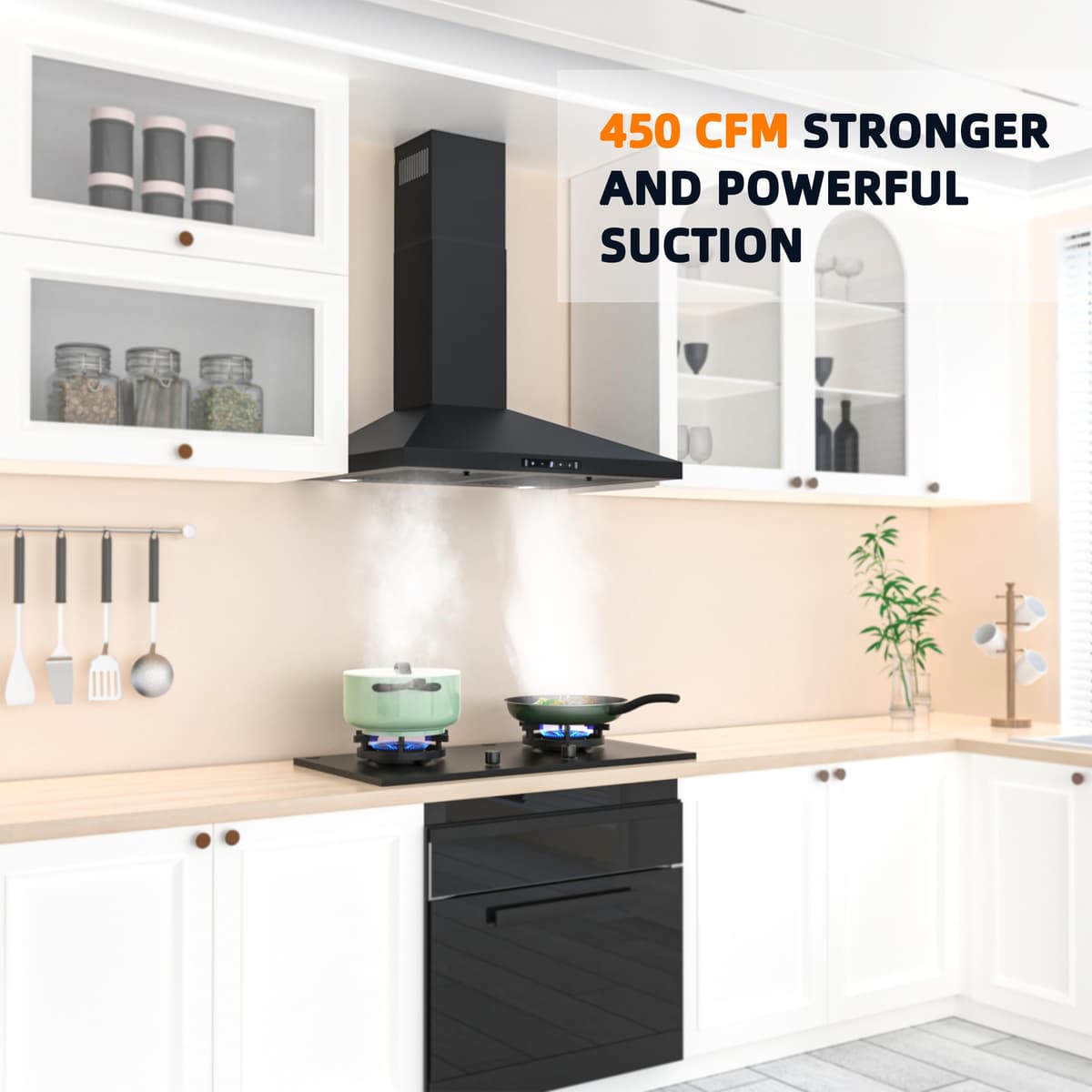 FIREGAS Black Range Hood 30 inch, 450 CFM Wall Mount Range Hood with Ducted/Ductless Convertible, Gesture Sensing Control & Touch Control Kitchen Hood Vent, Baffle Filters, Charcoal Filters — view 2