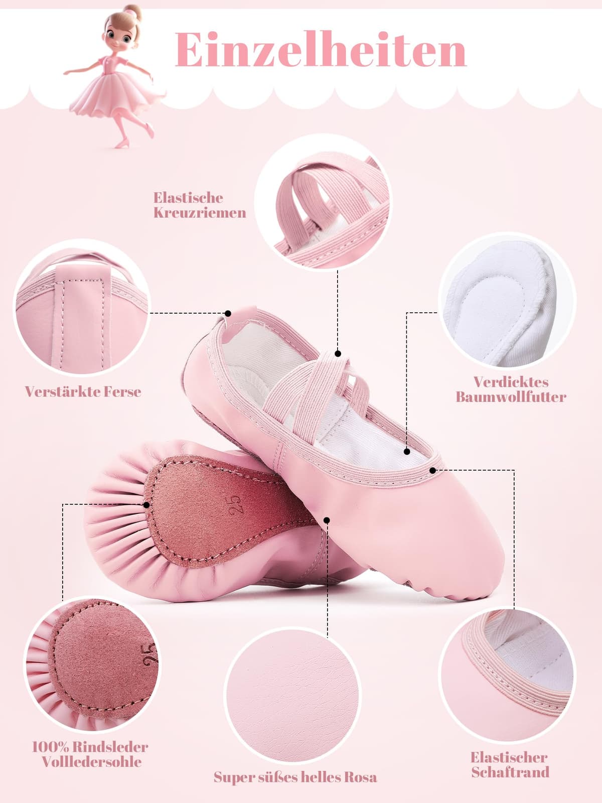 Zapatillas de ballet para niña, de piel, forro de algodón grueso, suela de piel completa, zapatos de danza, correas precosidas, zapatillas de ballet — view 4