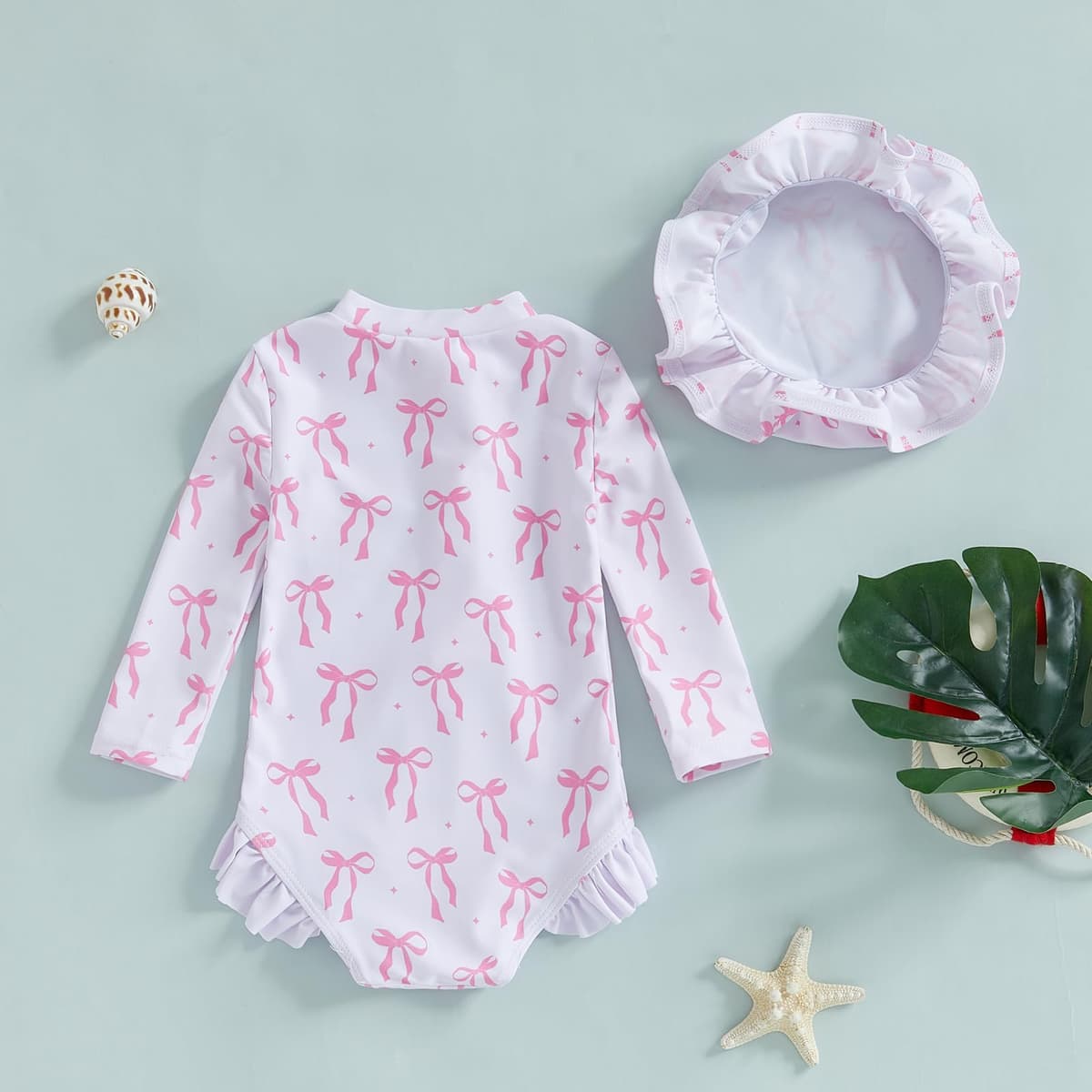 JENJON Traje de Baño a Rayas para Bebé Niña con Volantes Mangas Lindo Floral Traje de Baño de Una Pieza con Cremallera Protección UV y Gorro de Playa Verano — view 4