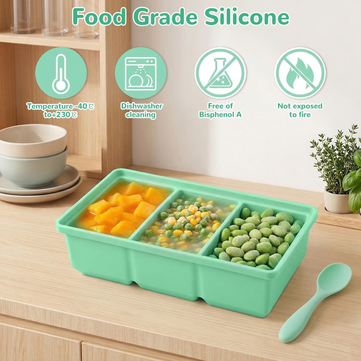 2 Pieza Moldes de silicona para sopa para congelador con tapas,Bandeja de Silicona para Congelador,Apilables Silicona para Cubitos de Hielo Molde, con 3 Compartimentos,300 ml ﻿ — view 3