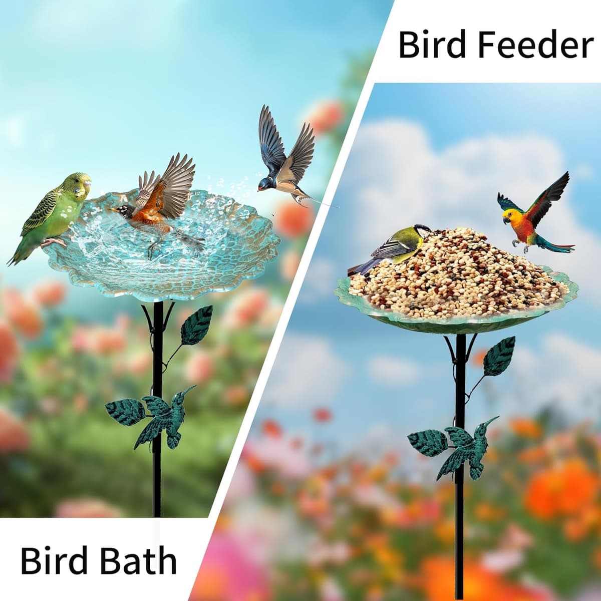 32In Bird Bath for Garden, Vintage Bird Hummingbird Baths Feeder Bowl, Freestanding Birdbaths and Supports with 5 Prongs Base Stake for Outdoors Garden Patio Yard Lawn Decor Birds Supplies — view 3