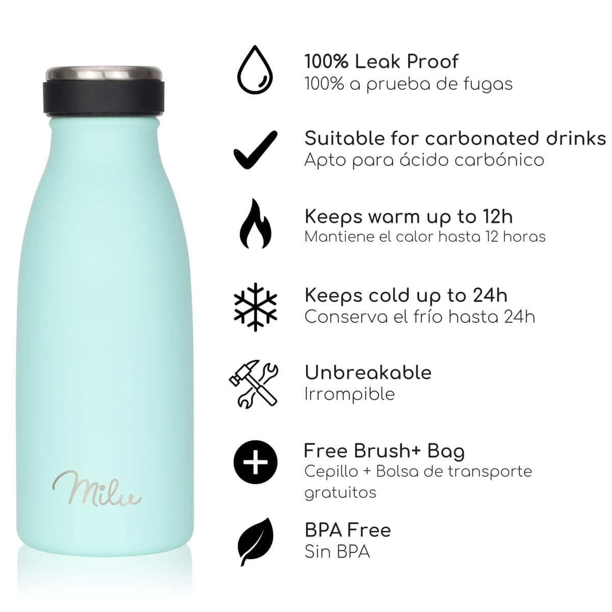 Milu Botella de acero inoxidable de 350ml 500ml 750 ml 1 L 1,5 L botella de agua aislada, termo a prueba de fugas, doble pared, apta para ácido carbónico + cepillo de limpieza (Azul Violeta, 350ml) — view 109