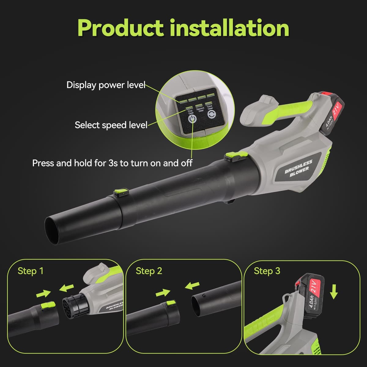Soplador de Hojas Batería ,con 2x4.0Ah Baterías y Cargador, 132MPH, 380CFM, 3 Velocidades, con Tubo Recto y Curvo, Sopladora de Aire Potente para Jardín, Patio, Césped, Polvo y Hojas — view 7