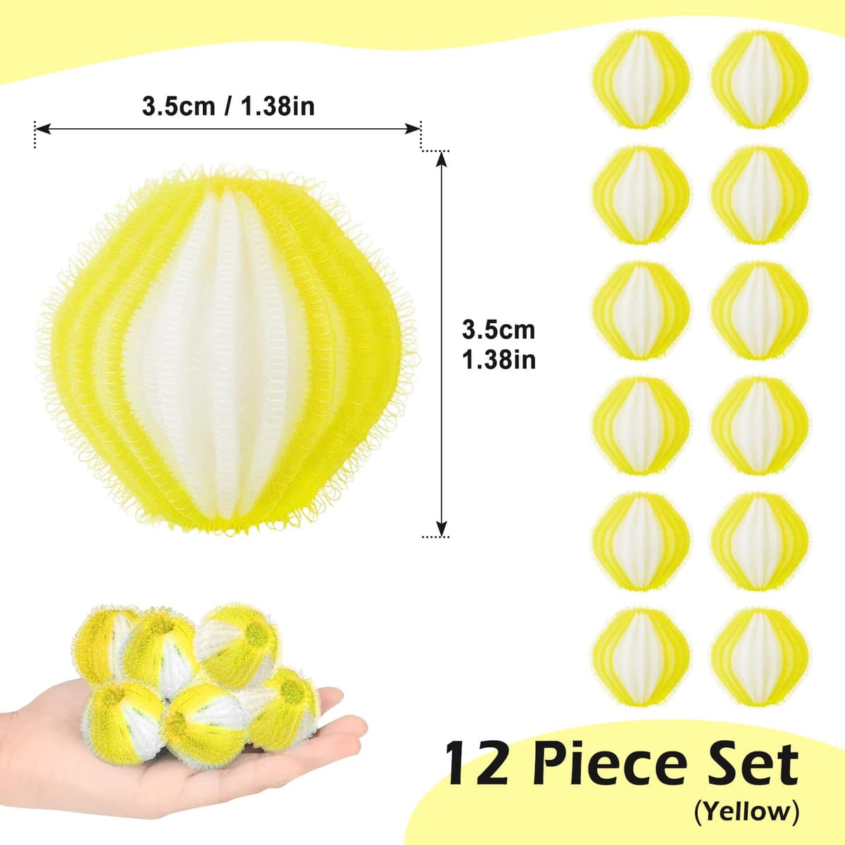12 Bolas de Lavado Atrapapelos, Reutilizables para Lavadora y Secadora, Elimina Pelos de Mascotas y Pelusas de la Ropa (Amarillo) — view 2