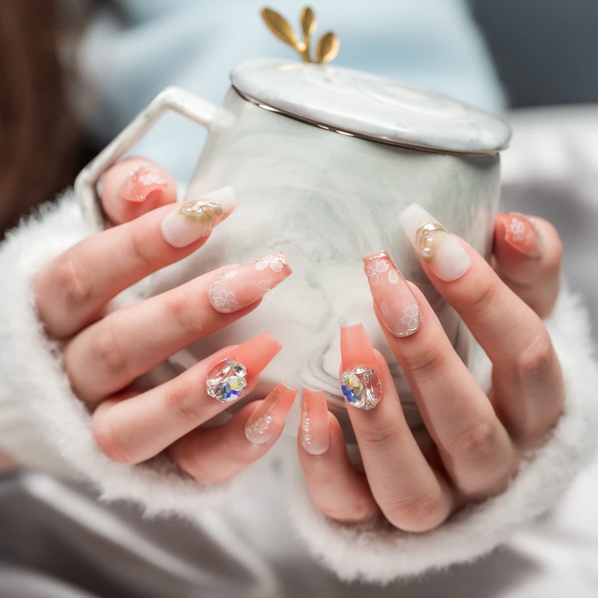 Sun&Beam Nails Handmade Press On Nail Long Coffin Ballerina Pink Flower Acrylic Fake Tip 3D Design Art Charms Cute with Storage Box 10 Pcs (S) — view 362