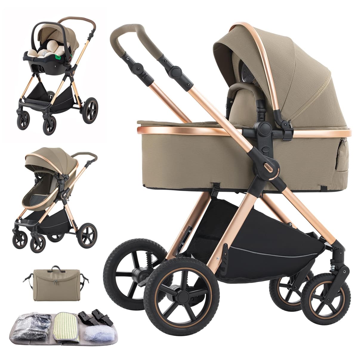 3 in 1 Baby Stroller with Height Adjustable Handle,3 in 1 Prams Travel System, Lightweight Foldable Pushchair, Prams with Aluminum Frame for Portable Baby Carriage (D2 Pink, H2-D) — view 14