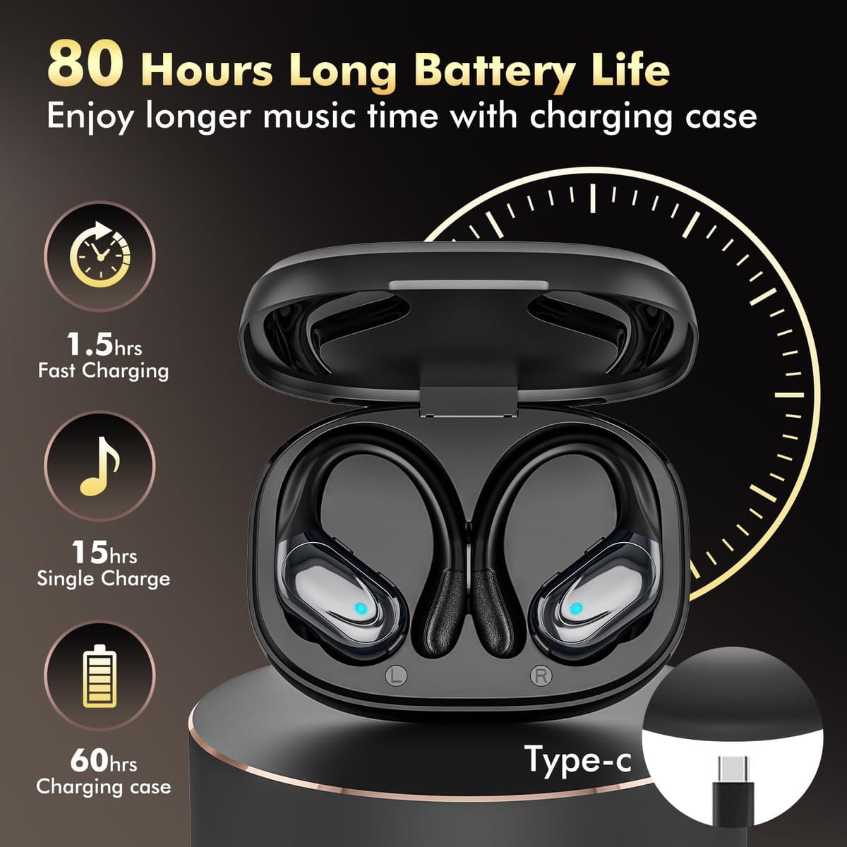 HAOYUYAN Wireless Earbuds, Sports Bluetooth Headphones, 80Hrs Playtime Ear Buds with LED Power Display, Noise Canceling Headset, IPX7 Waterproof Earphones for Workout/Running(Black) — view 2