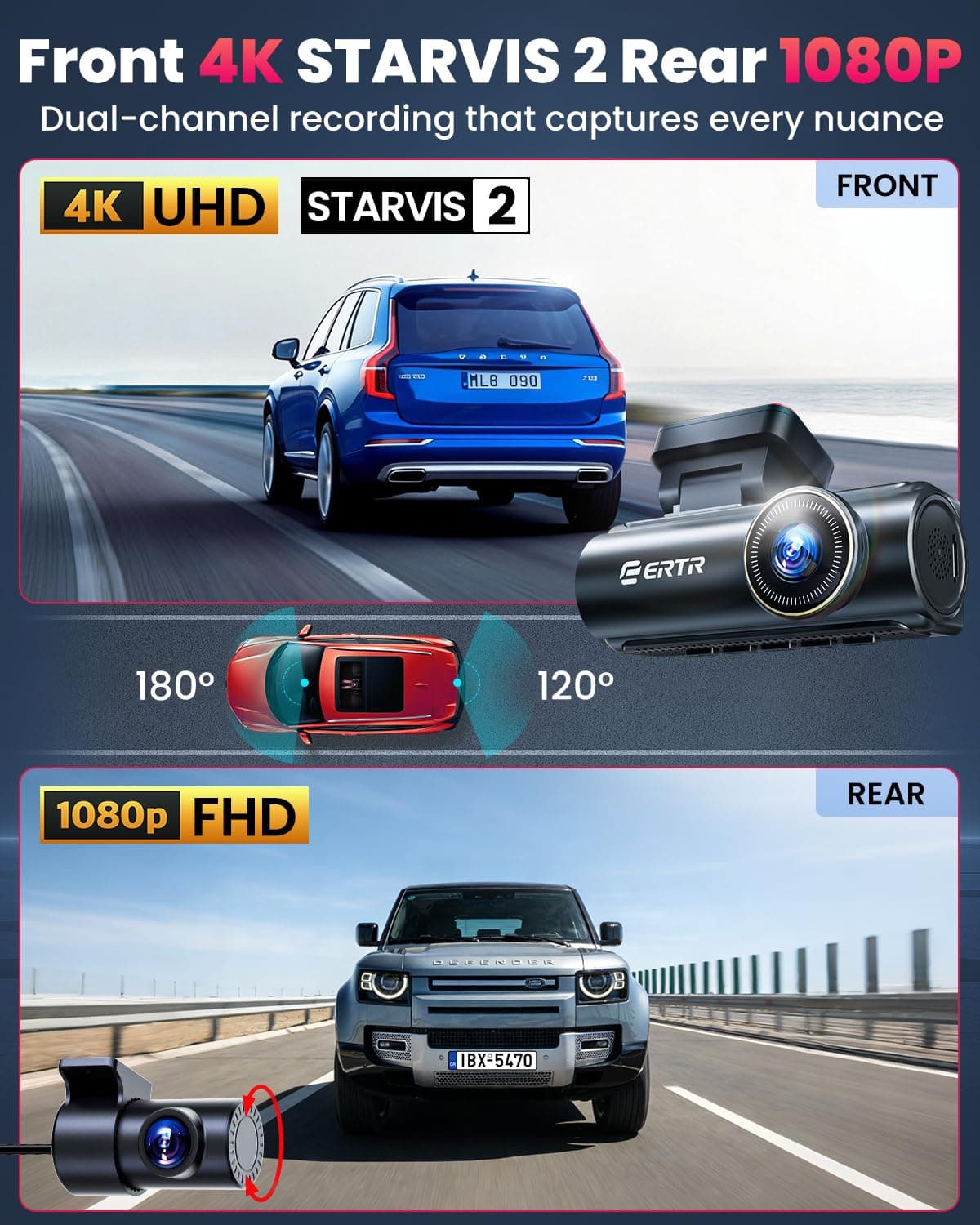 4K Dash Cam Front and Rear, 5GHz WiFi Wireless Dashcam with 64GB SD Card,4K+1080P Dual Car Dash Camera, Full HD Dash Cam with APP Control, G-Sensor, WDR, Loop Recording Easy Setup — view 2