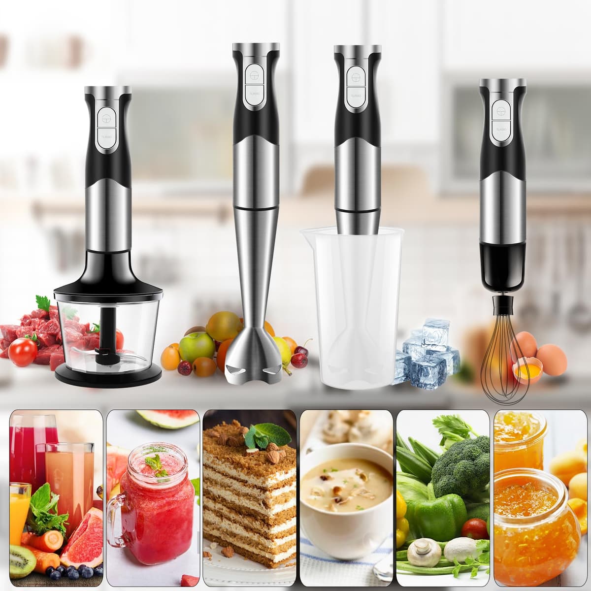 Batidora de Mano 1200W Eléctrica Multifuncionales 6-EN-1 con Picadora, Batidor de Huevos, Vaso Medidor, Pie Desmontable, Función Turbo Cuchilla de Acero Inoxidable — view 5