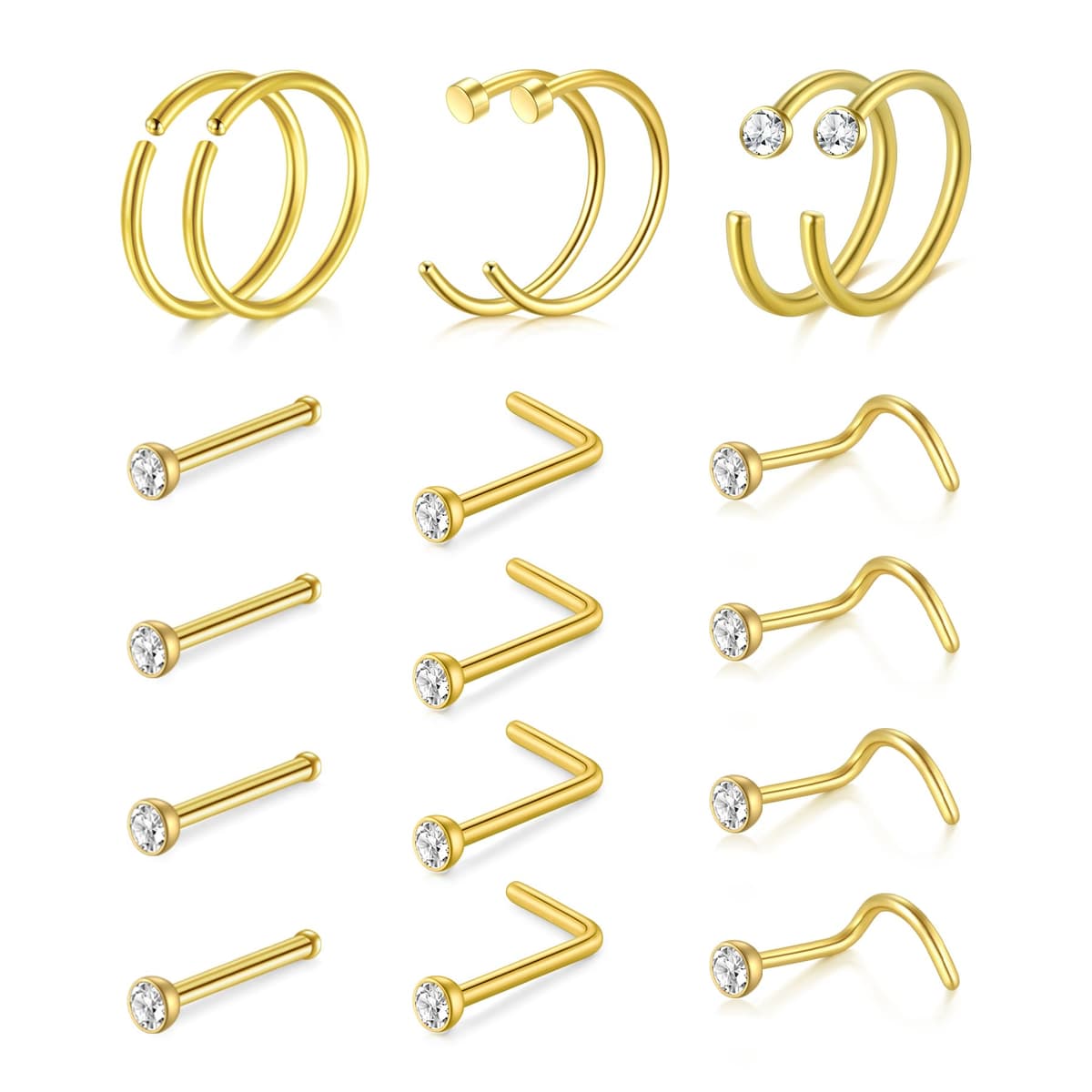 AVYRING Nose Rings Hypoallergenic Stainless Steel L-Shaped Nose Stud Screws with Cubic Zirconia Nose Piercing Jewellery 22G 20G 18G, Pack of 18 Pieces or 24 Pieces — view 10