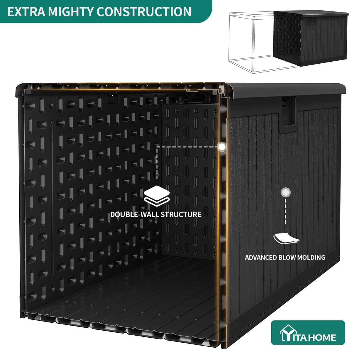 YITAHOME Garden Storage Box Outdoor 567.8L, Heavy-Duty Waterproof Resin Deck Box with Lockable Lid, All-Weather Storage Bench for Patio Furniture, Cushions, Pool & Garden Tools, Black — view 3
